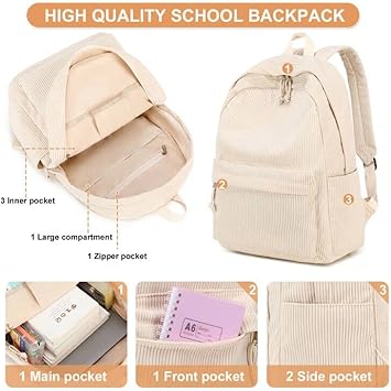 School Backpack for Teens Large Corduroy Bookbag Lightweight 17 inch Laptop